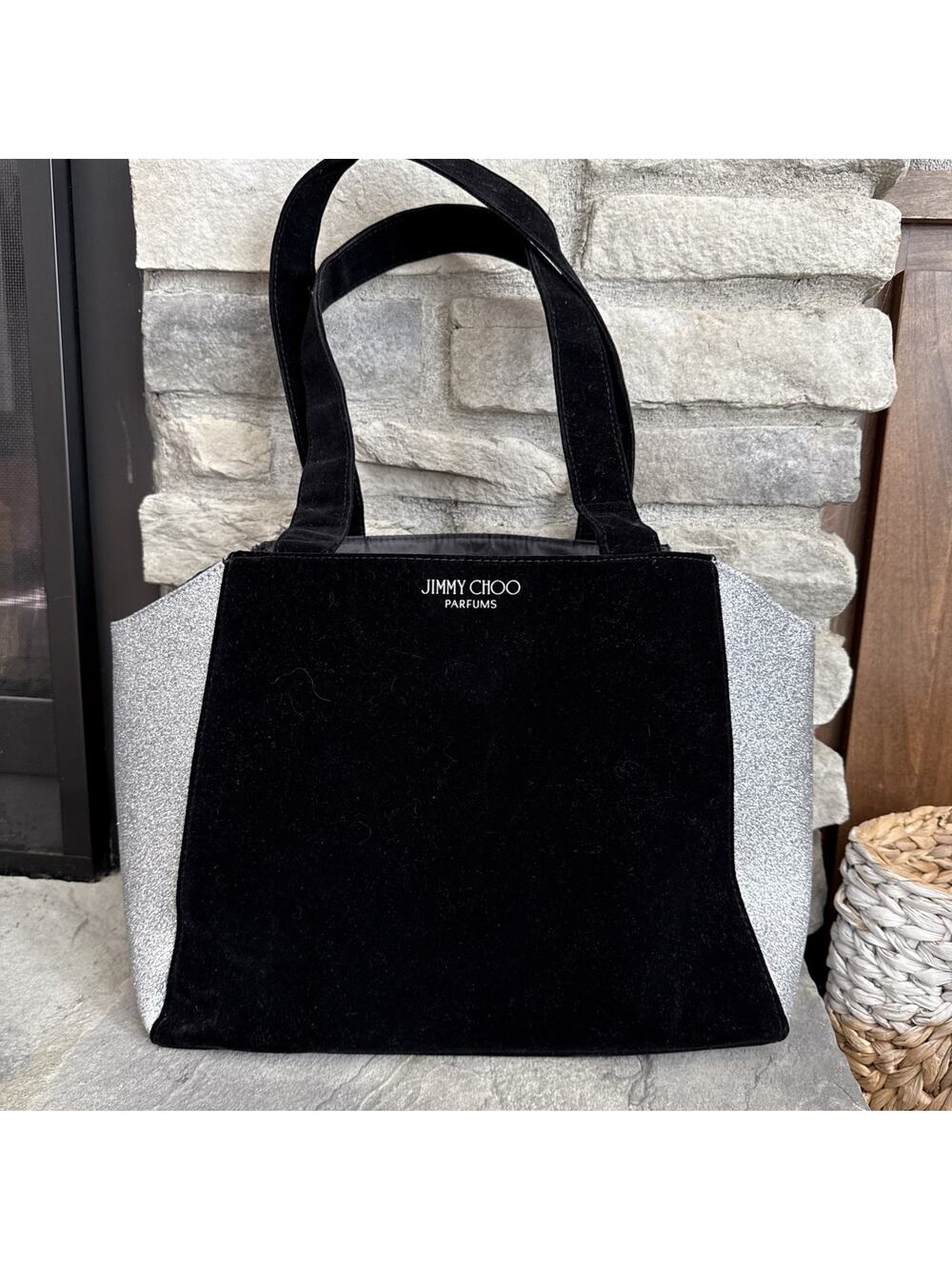 Jimmy Choo Tote Bag Black Velvet Silver Glitter Carry Overnight Velvet 15x5x12”